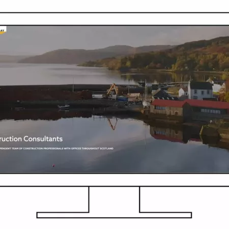 line drawing of a desktop computer monitor displaying the home page of the Thomson Gray Construction Consultants website. An image of Ardrishaig pier and Egg Shed community hub.