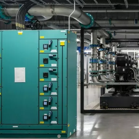 Photograph of internal view of the University of Edinburgh's Advanced Computing Facility (ACF), which shows green technology units in the foreground and pipework in the background. The facility is home to the national supercomputer and used for research.
