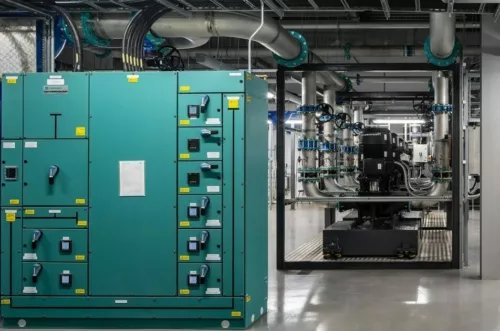 Photograph of internal view of the University of Edinburgh's Advanced Computing Facility (ACF), which shows green technology units in the foreground and pipework in the background. The facility is home to the national supercomputer and used for research.