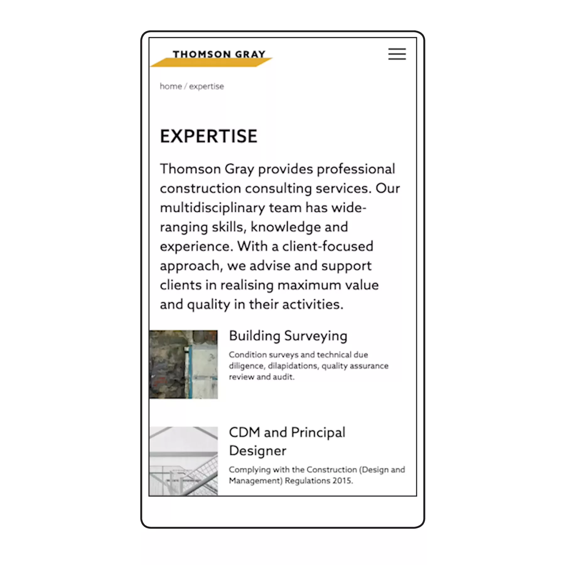 Line drawing of mobile device showing the Expertise page of the Thomson Gray Construction Consultants website. Building Surveying and CDM and Principal Designer are the services shown within the window.