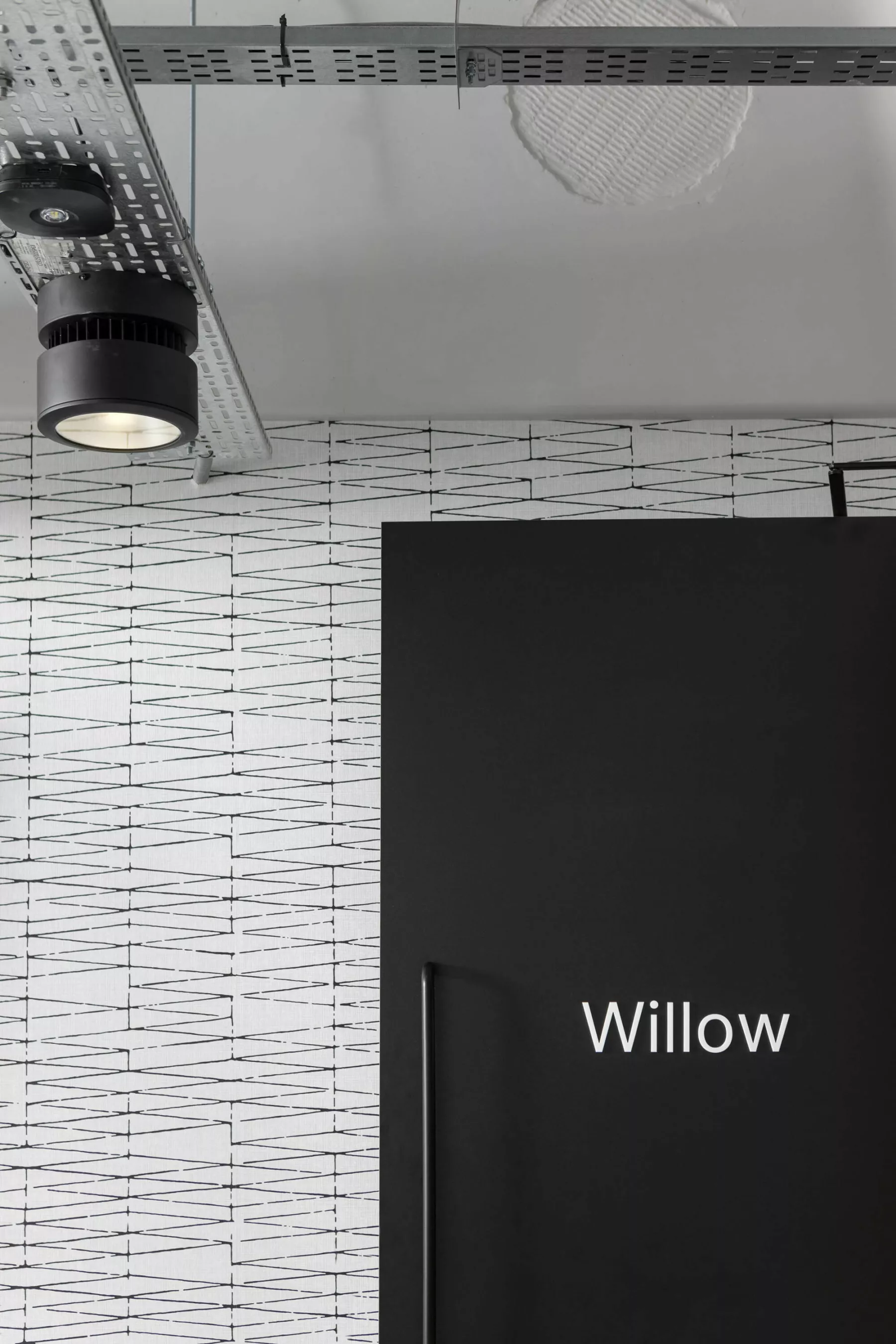 Detail of lighting and a meeting room door at Changeworks refurbished offices, Edinburgh. "Willow" on black door in white type.