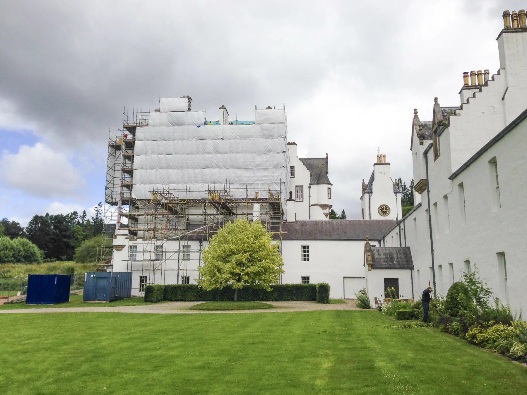 Works at Blair Castle, Perthsire, Scotland. Scaffoding on the upper storeys and roof of one section of the building to provide access for conservation and repair works on this listed building.