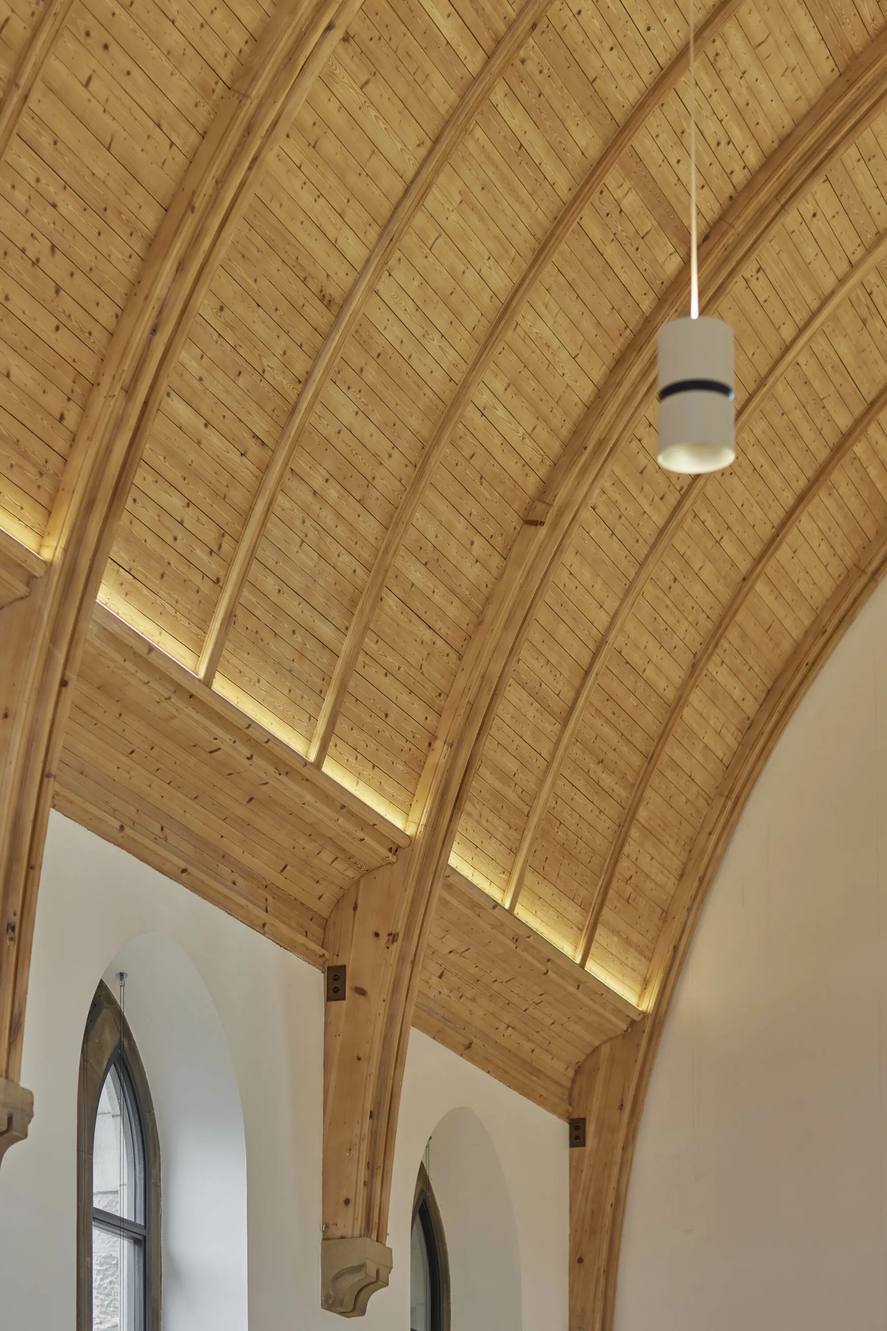 Detail of restored timber church ceiling at Greyfriars Charteris, Edinburgh