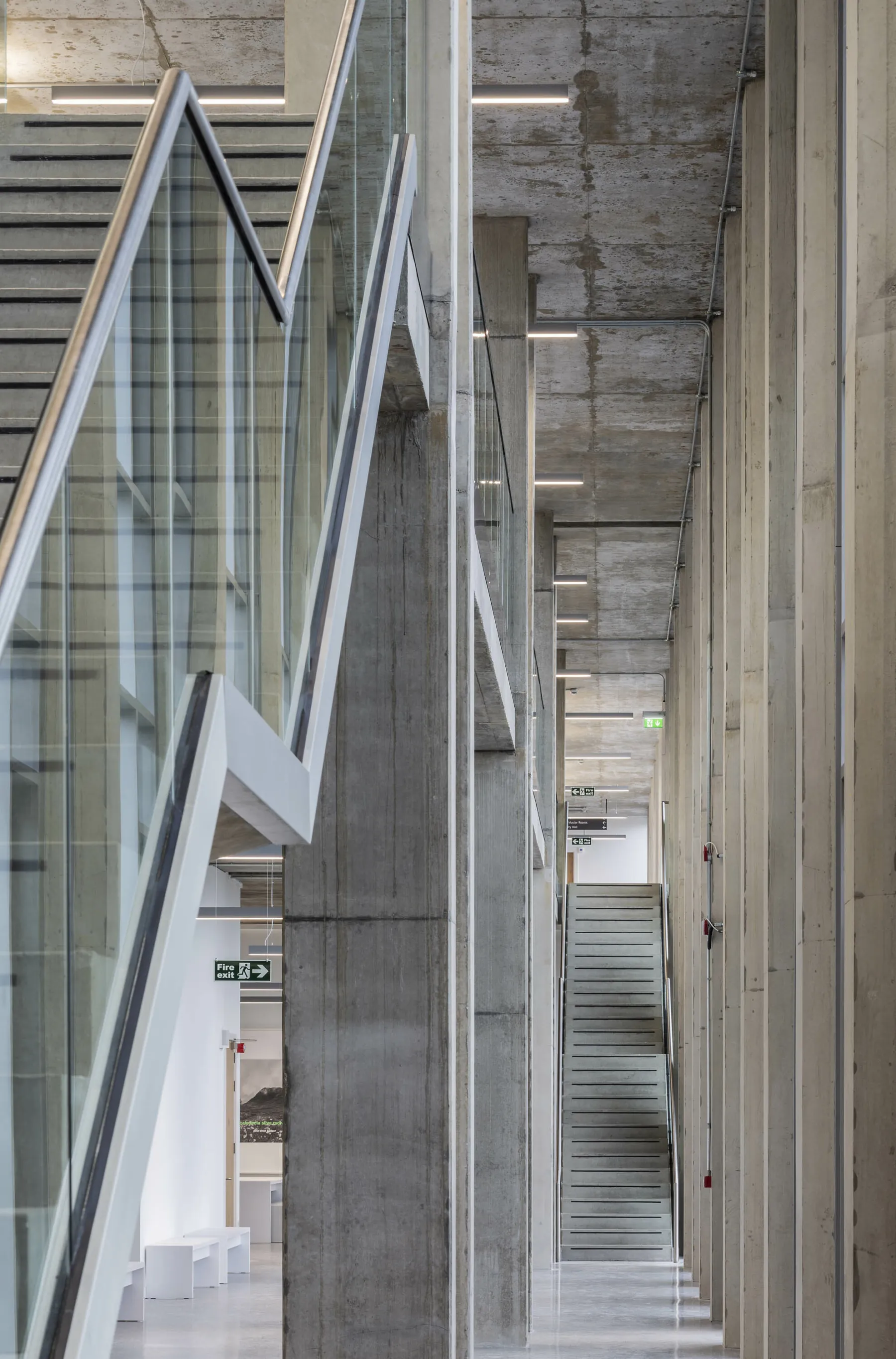 Detail of concrete, glass and steel staircase at the new Inverness Justice Centre