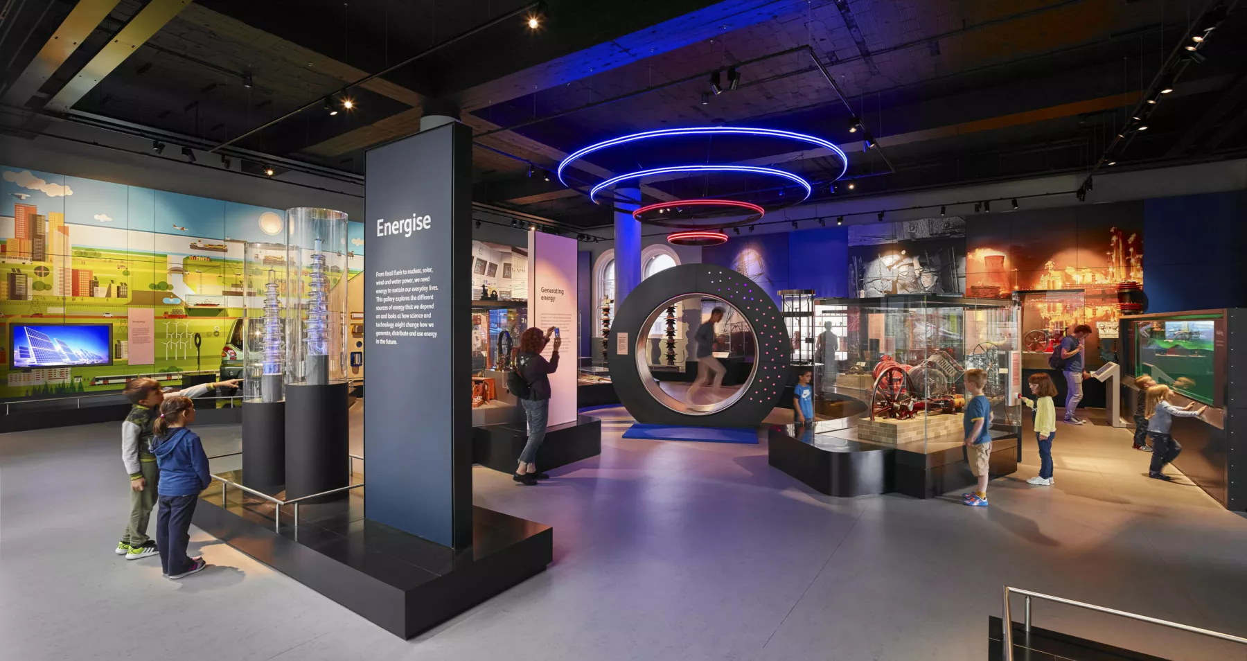 Interior view of one of the technology galleries at the National Museum of Scotland, Chambers Street, Edinburgh. Display showing how energy is made with children enjoying the exhibits and interactive areas.