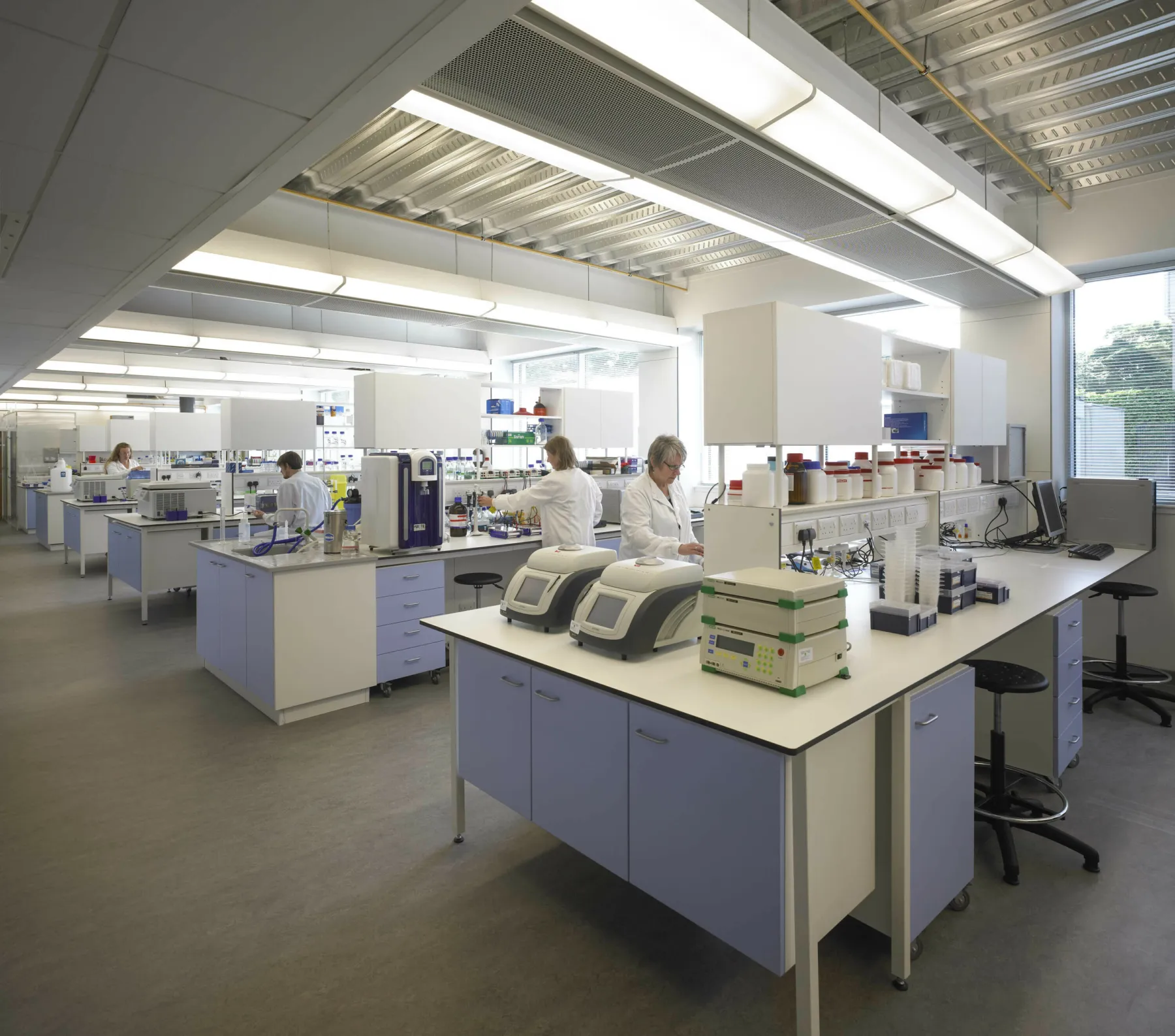 In a lab at the Wadding Building, University of Edinburgh. A purpose built laboratory space, with benches and units to create workspace for scientists and researchers. Large windows enhance the lighting.