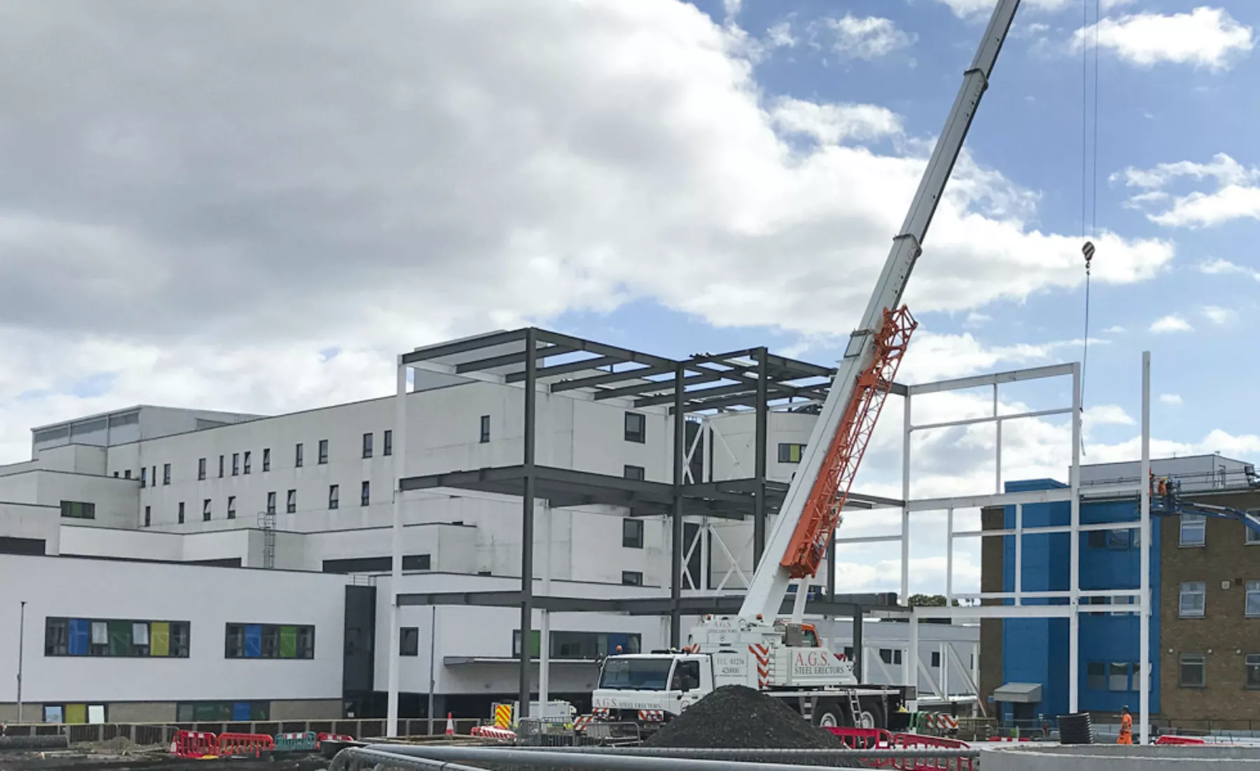 The National Treatment Centre - Fife Orthopaedics under construction. Steel framework is being put in place with use of a crane.