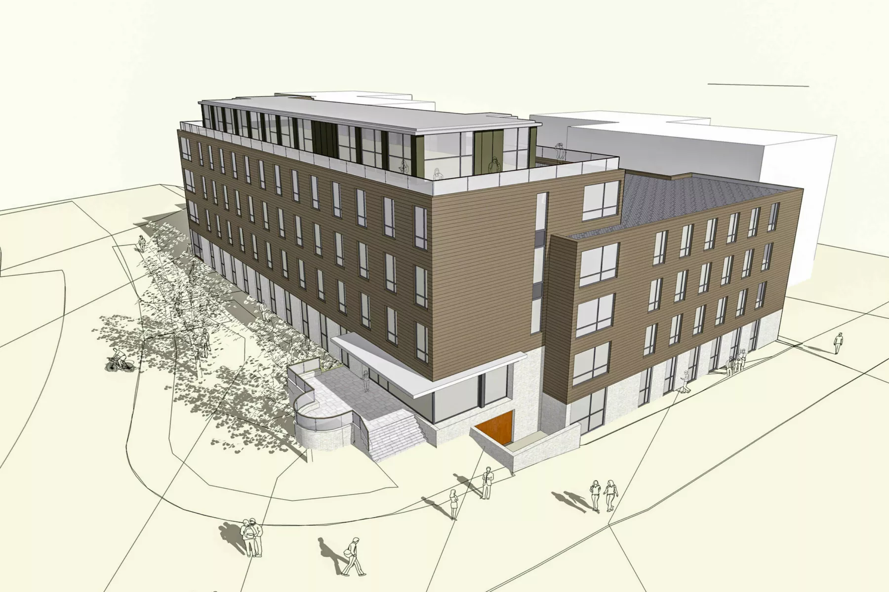 Architectural drawing of L-shaped student accommodation block at University of Edinburgh's Pollock Halls of Residence. The building has 5 storeys with a penthouse-style top floor with roof terrace. Middle three storeys clad in bronze-coloured material, with the ground floor in pale brick and the top floor in silver coloured cladding.